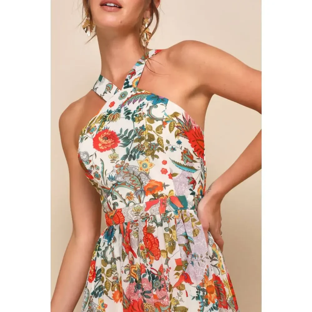 Lulus Lilja Cream Floral Print Maxi Dress Small - Picture 2 of 15